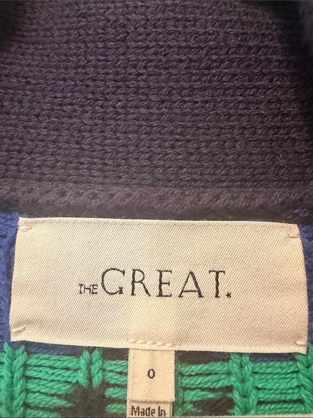 THE GREAT. Navy Floral Embroidered Shawl Collar Cardigan with Multicolor Stripes - Picture 2 of 3